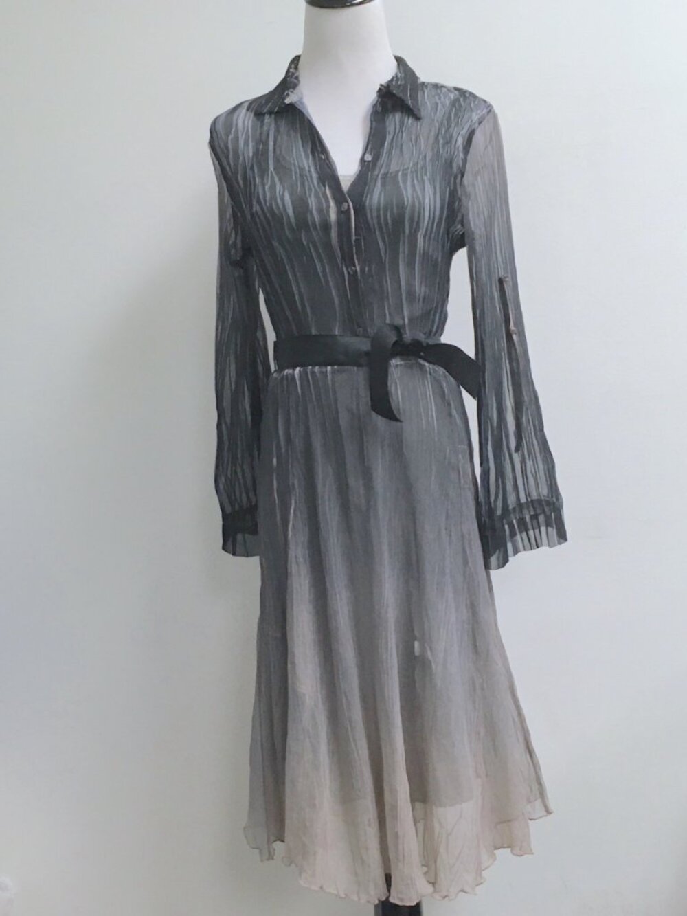 Komarov black gray pink sheer layered midi belted long sleeve dress S NWOT New